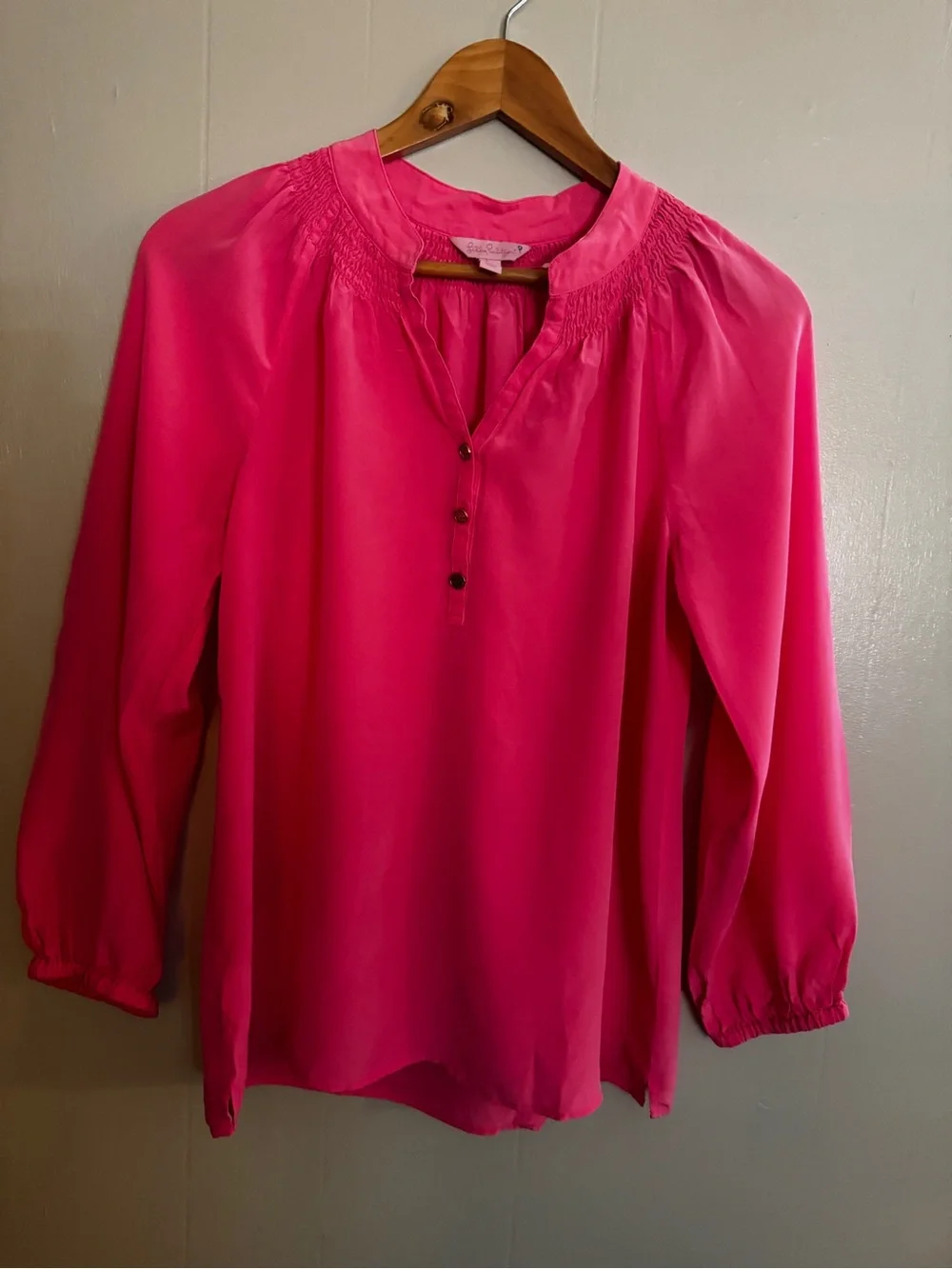 Lilly Pulitzer Hot Pink Smocked-Neck Button Front Blouse